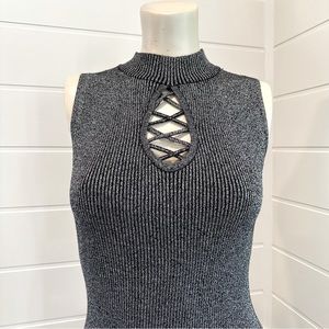 Say what? silver glitter sweater dress with turtle neck criss cross peekaboo